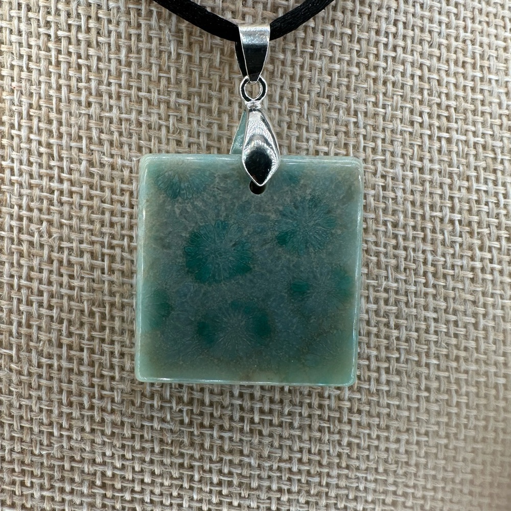 Light Green Coral Fossil Pendant Necklace on Black Satin Rope - Picture 5 of 15